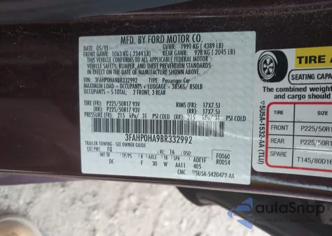 2011 Ford Fusion Se z USA, uszkodzony, nr VIN 3FAHP0HA9BR332992